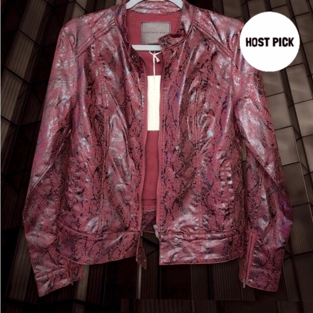 Anthropologie sanctuary Crimson Snakeskin Moto Jacket Sz Medium Gunmetal Zippers
